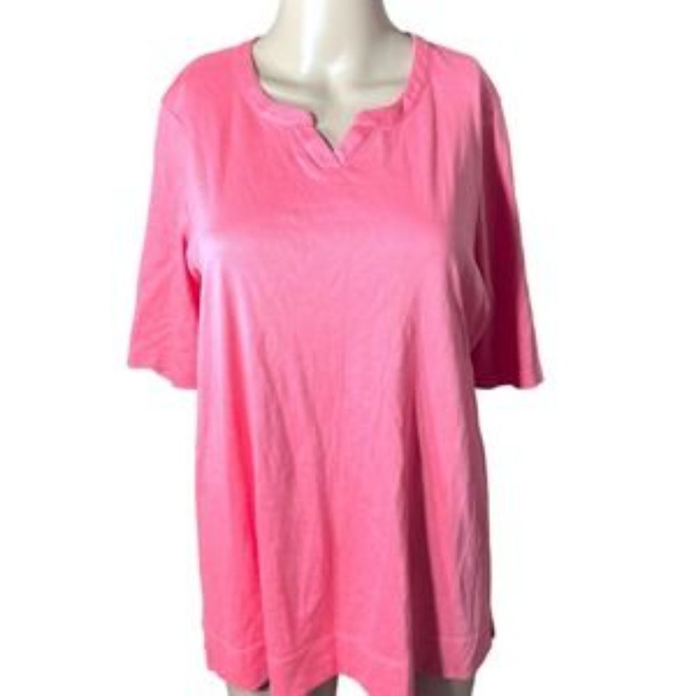 L.L. Bean T-Shirt Women's L Pink Solid 3/4 Sleeve Notch Neck Cotton Basic